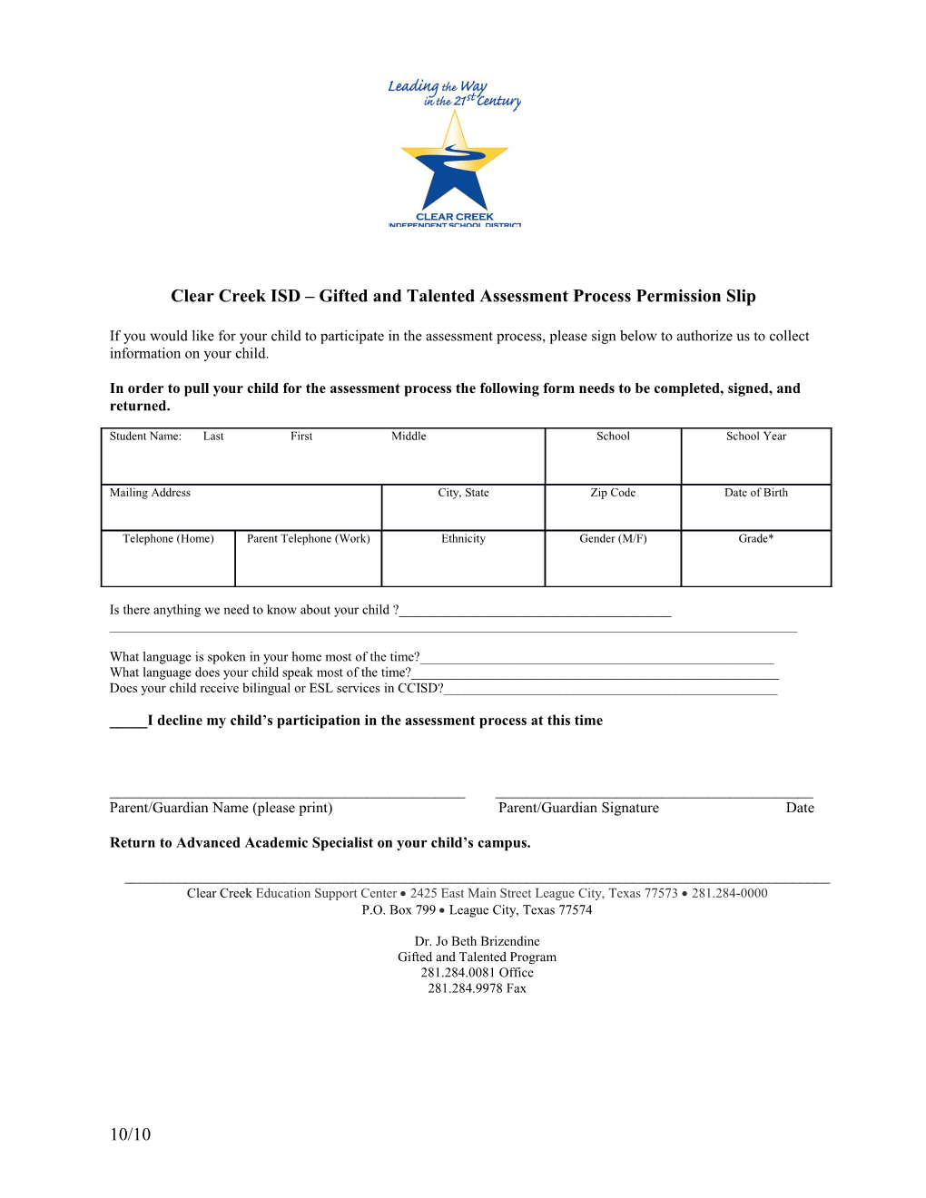 Clear Creek ISD Gifted and Talented Program Permission Slip