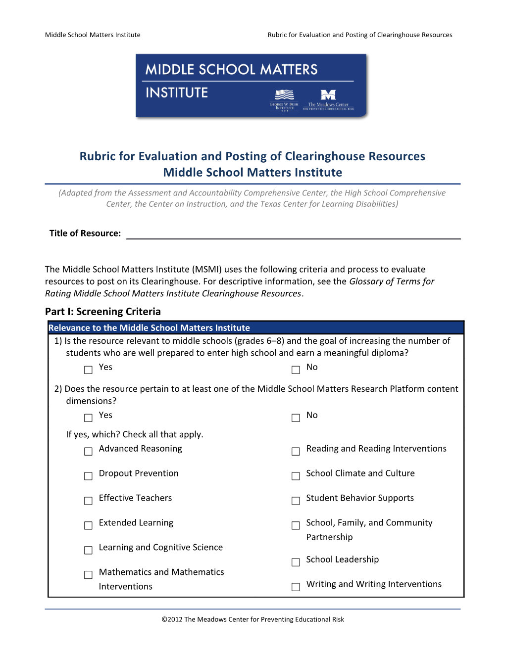 Middle School Matters Institute Rubric for Evaluation and Posting of Clearinghouse Resources