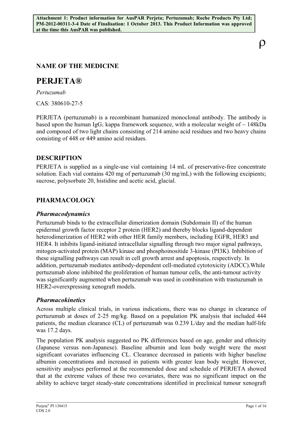 Attachment 1. Product Information for Pertuzumab