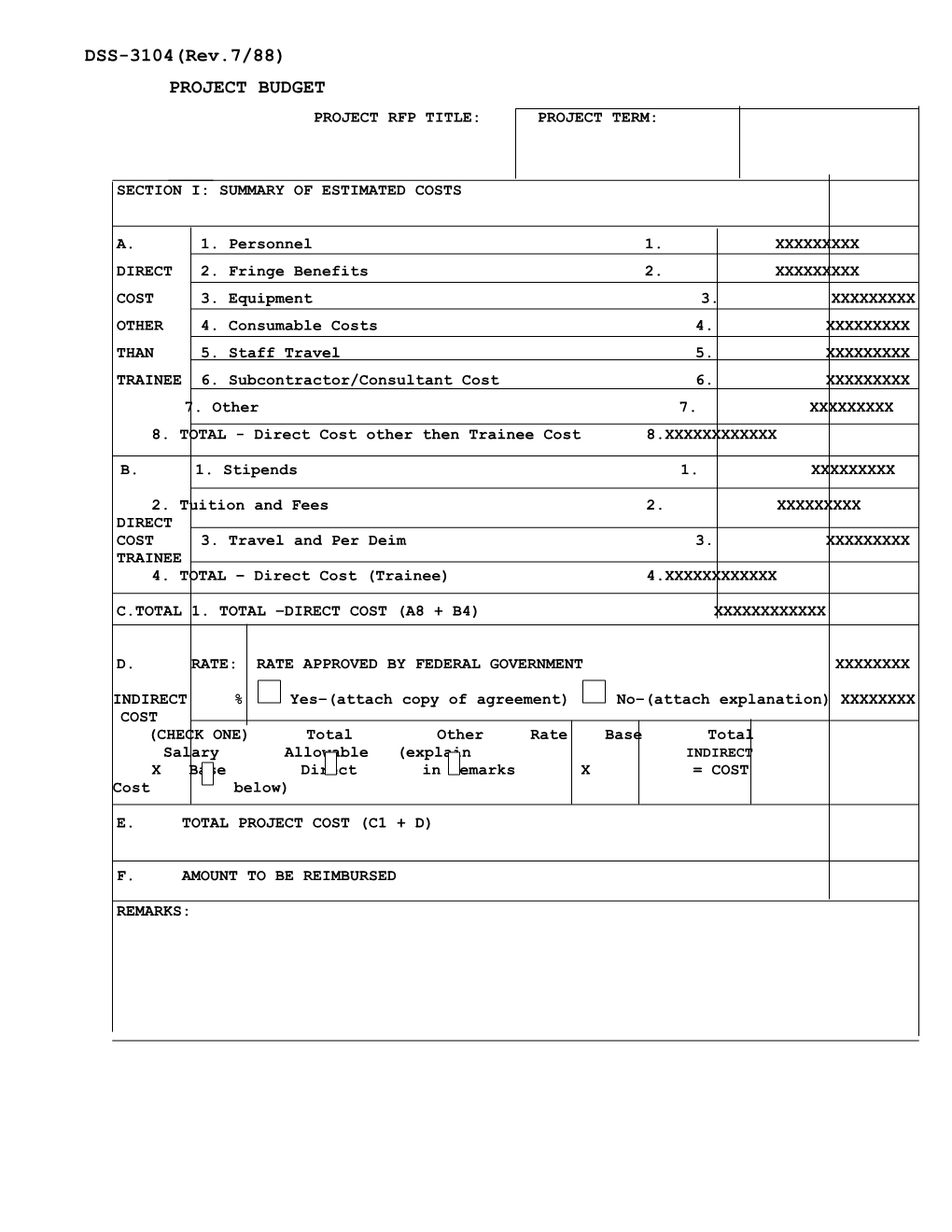 Section I: Summary of Estimated Costs