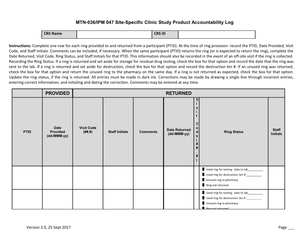 MTN-036/IPM 047Site-Specific Clinic Study Product Accountability Log