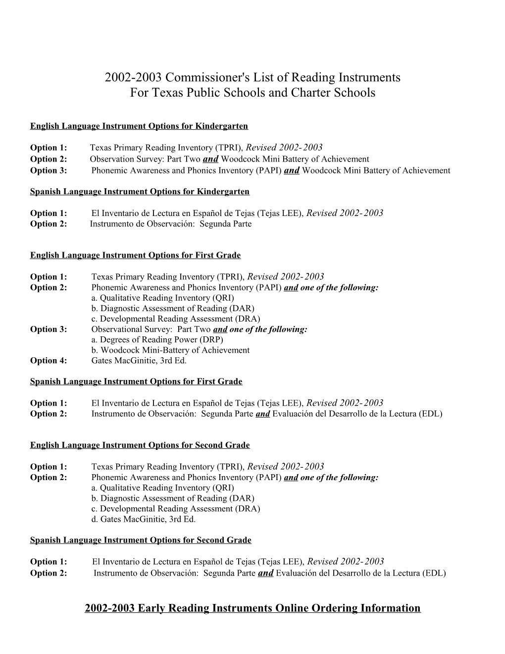 2002 2003 Commissioner's List of Reading Instruments