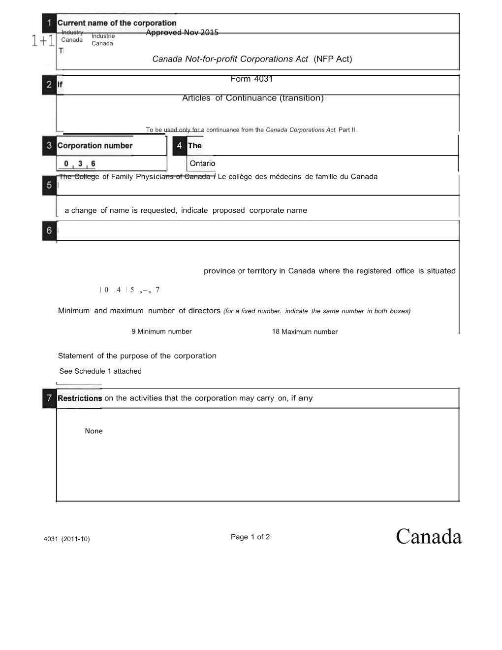 Canada Not-For-Profit Corporations Act (NFP Act) Form 4031