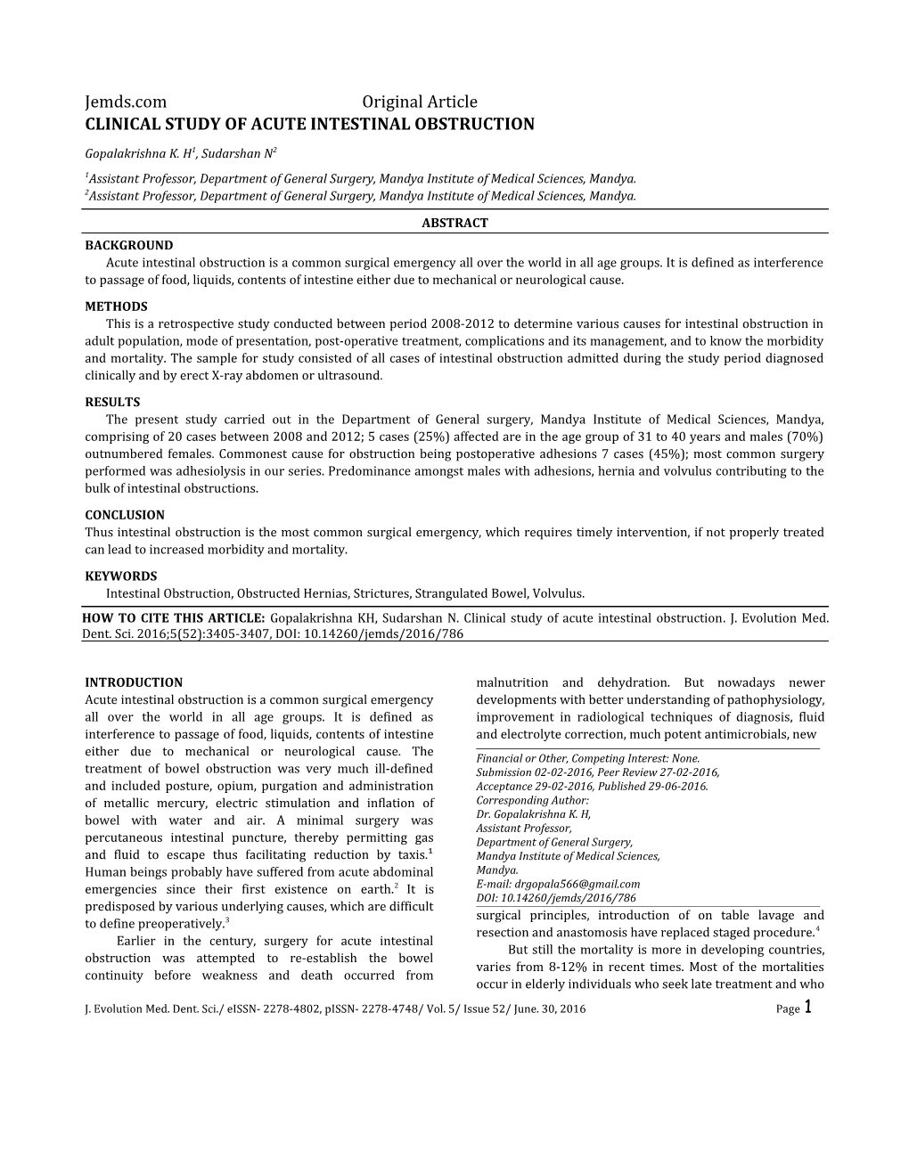 Clinical Study of Acute Intestinal Obstruction