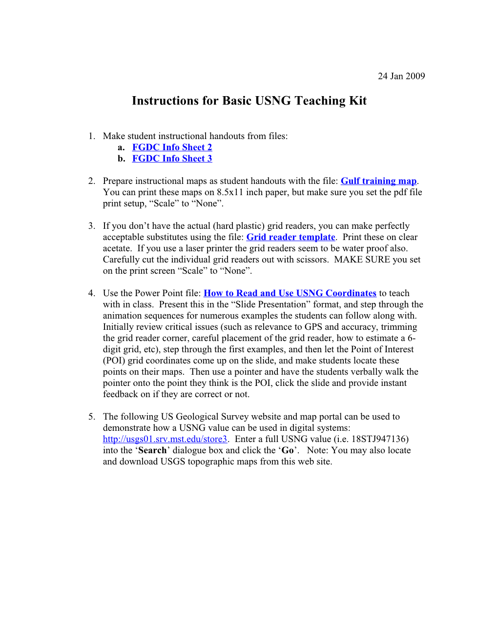 Instructions for Basic USNG Teaching Kit