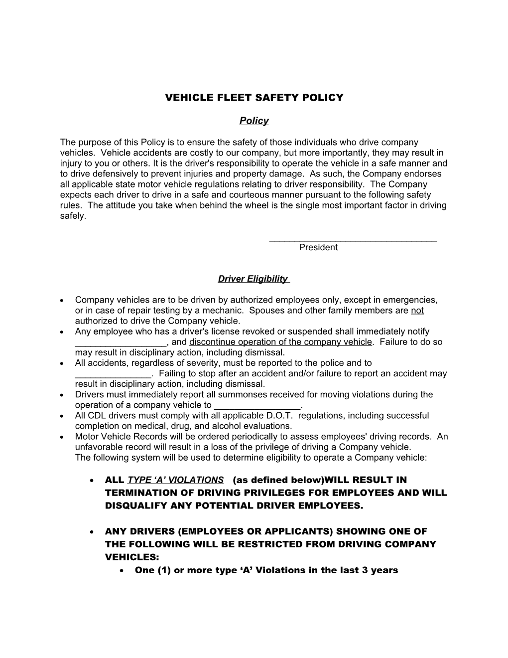 Vehicle Fleet Safety Policy