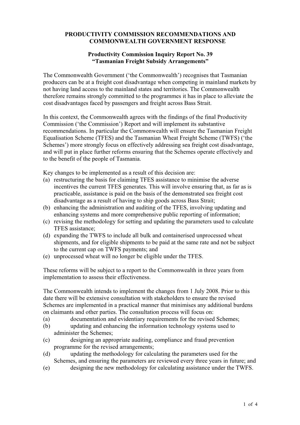 Productivity Commission Recommendations and Commonwealth Government Response