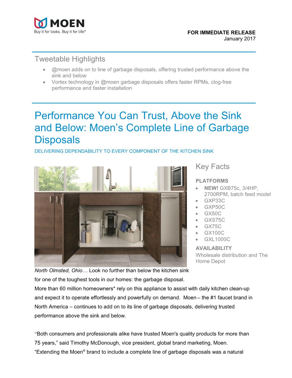 Moen Adds on to Line of Garbage Disposals, Offering Trusted Performance Above the Sink