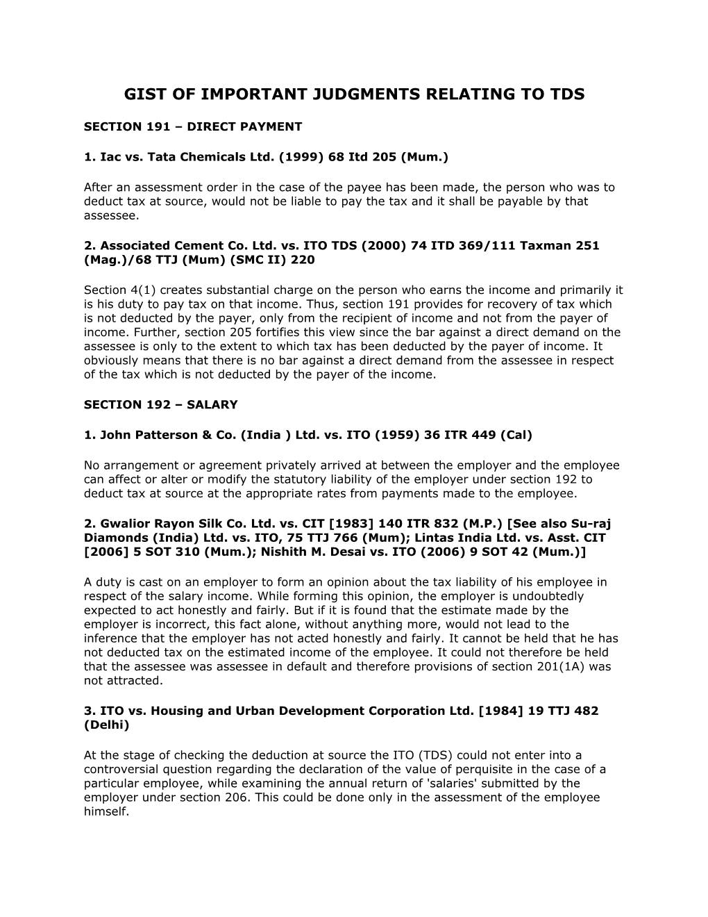 Gist of Important Judgments Relating to Tds