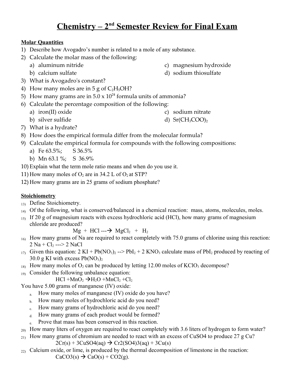 Chemistry 2Nd Semester Review for Final Exam