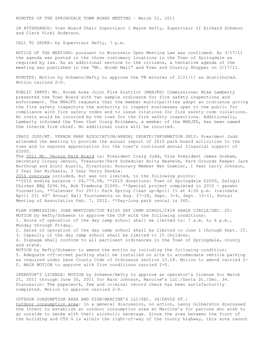 MINUTES of the SPRINGDALE TOWN BOARD MEETING June 10, 2003