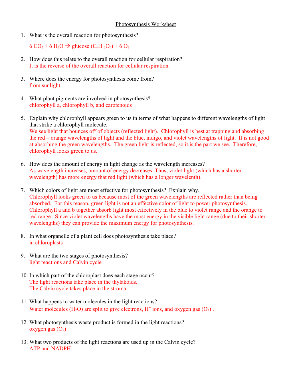 Photosynthesis Worksheet