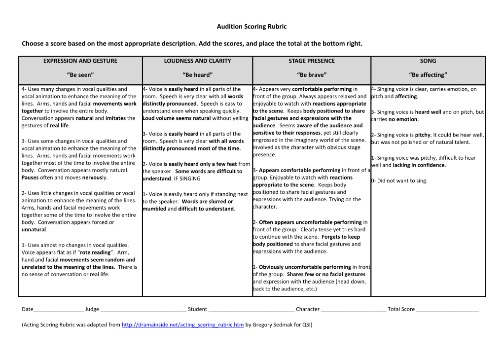 Audition Scoring Rubric