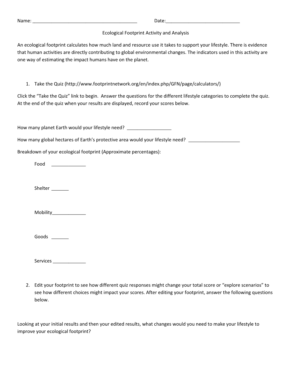 Ecological Footprint Activity and Analysis