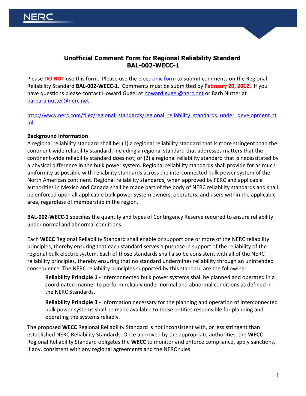 Unofficial Comment Form for Regional Reliability Standard
