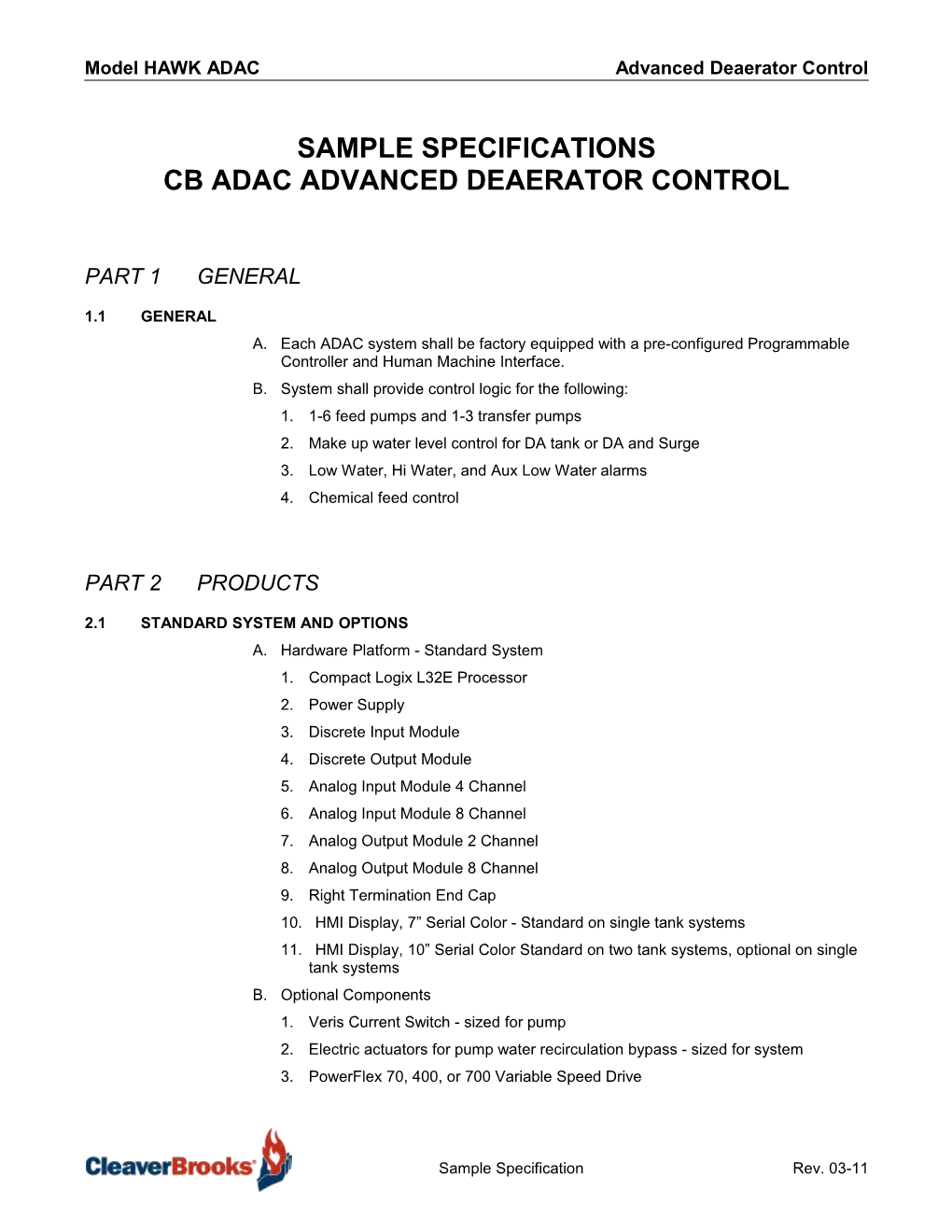 Sample Specifications CB ADAC Advanced Deaerator Control
