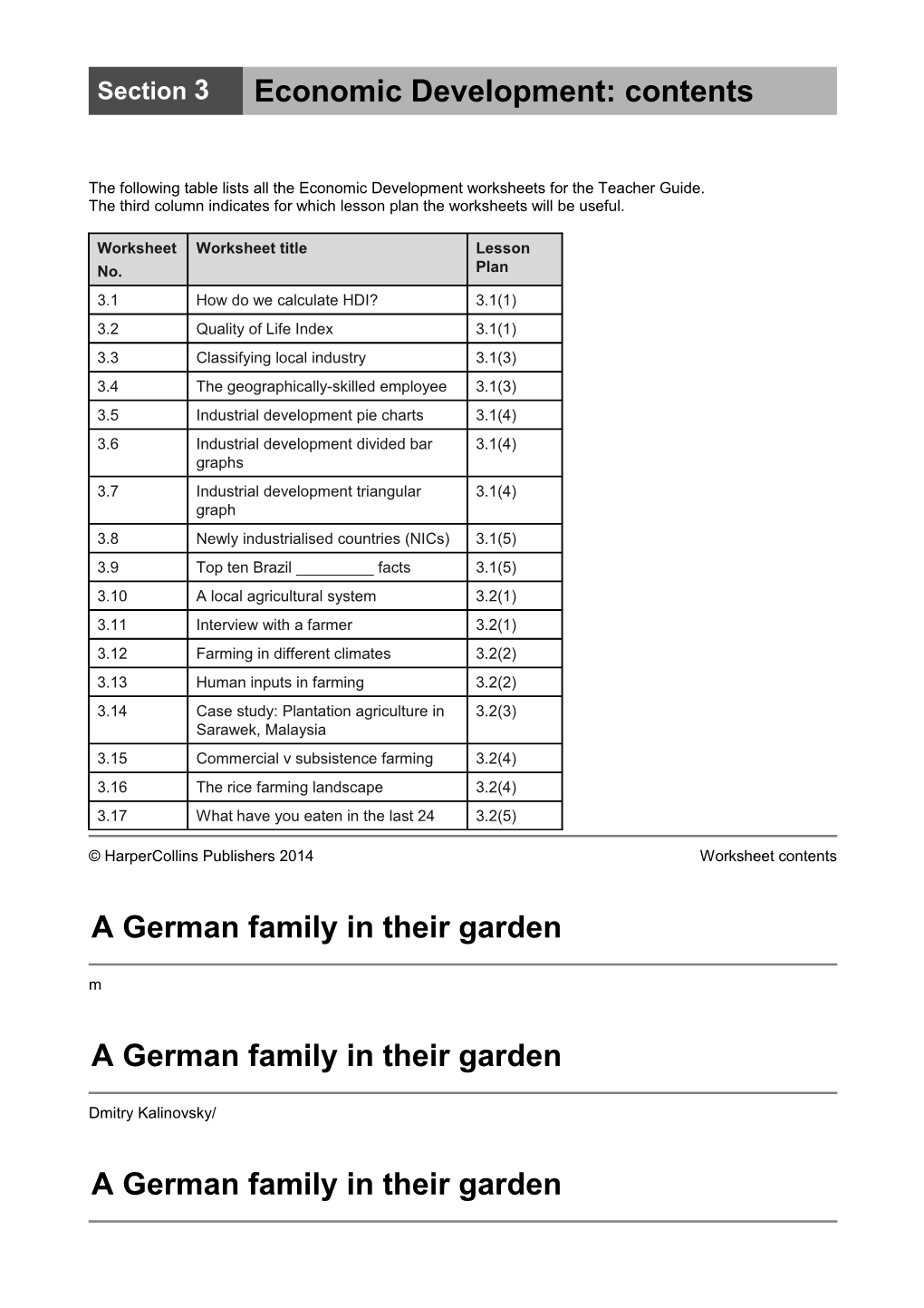 The Following Table Lists All the Economic Development Worksheets for the Teacher Guide