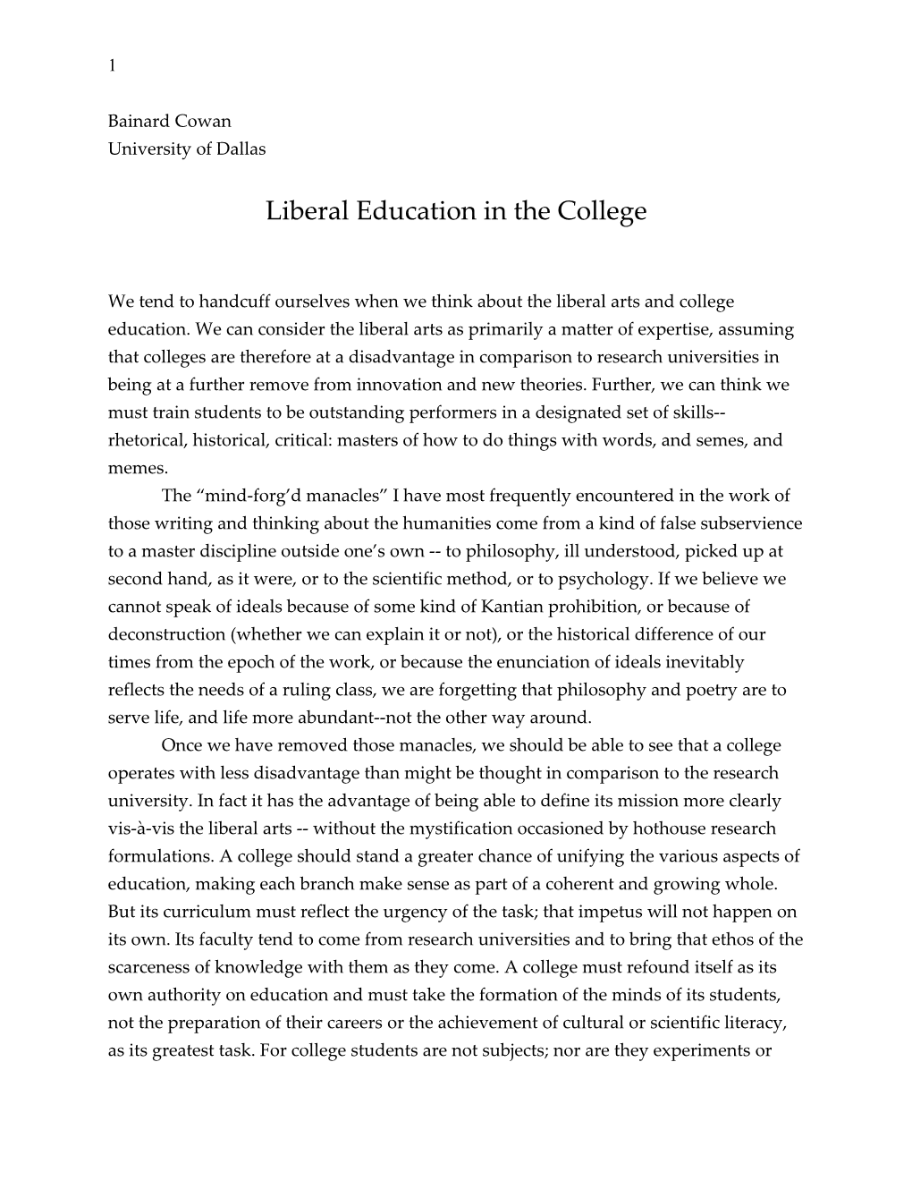 Liberal Education in the College