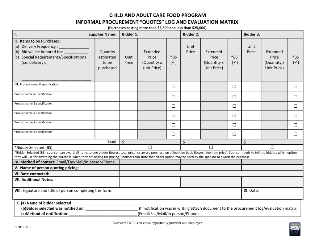 Informal Procurement Quotes Log and Evaluation Matrix