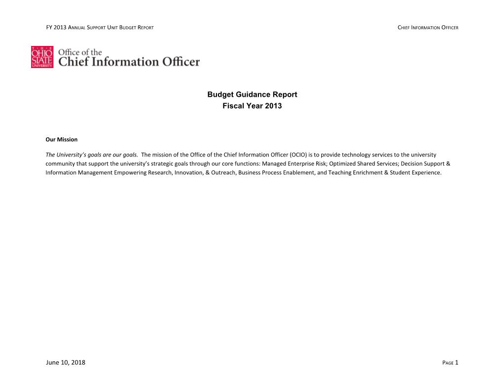 FY 2013 Annual Support Unit Budget Report Chief Information Officer