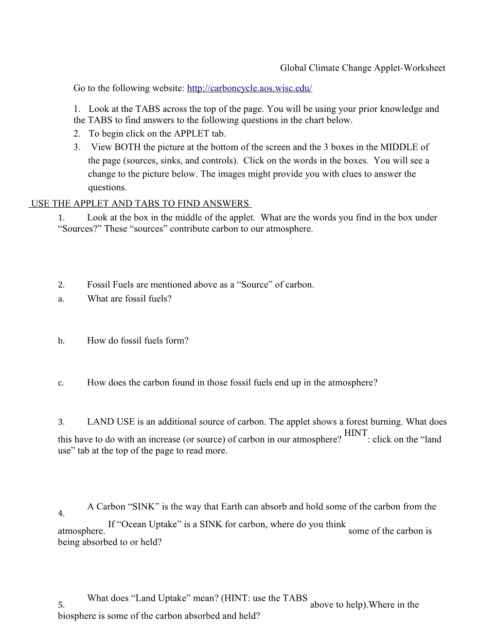 Global Climatechangeapplet- Worksheet