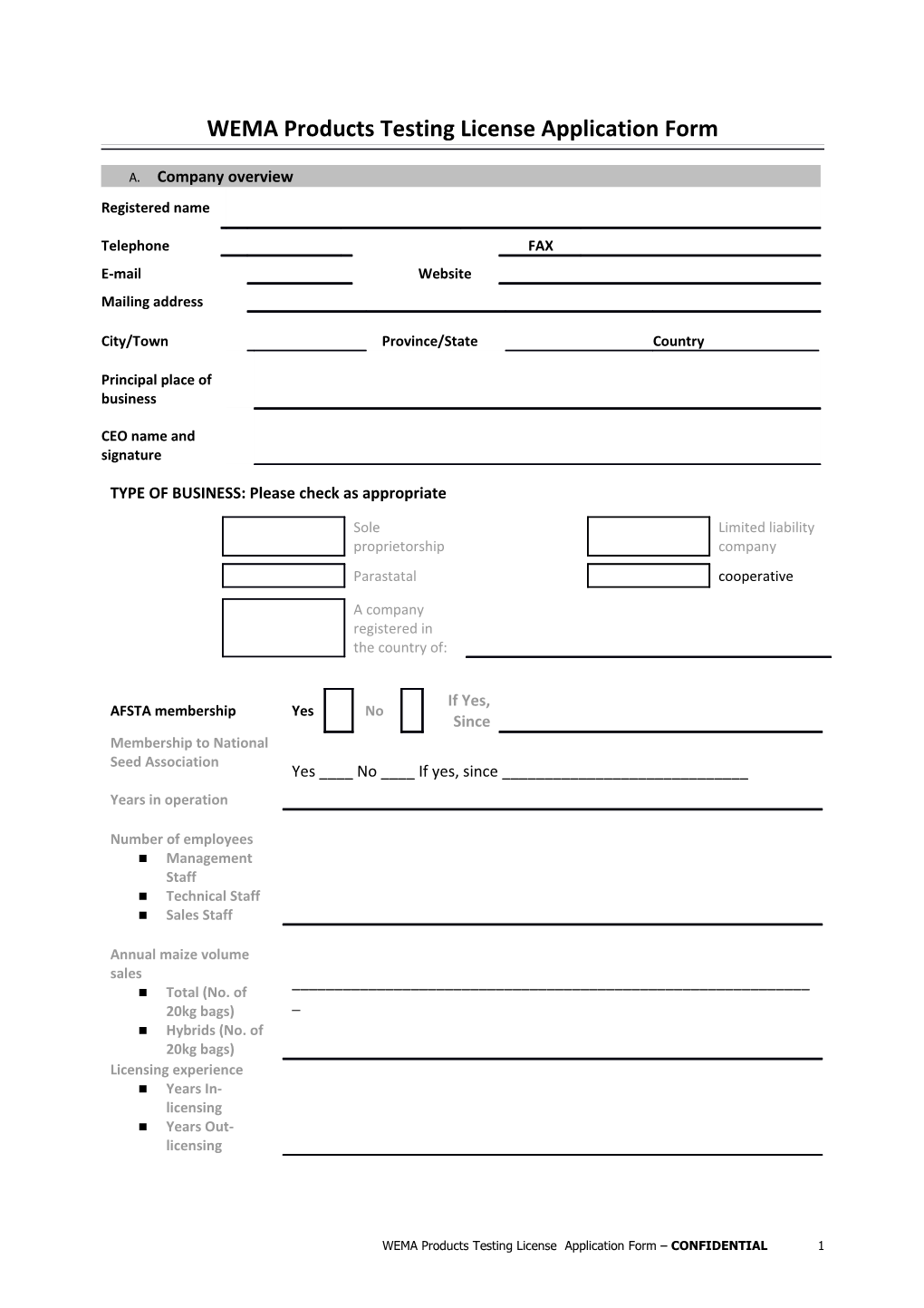 WEMA Products Testing License Application Form