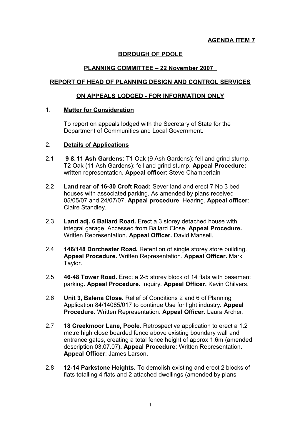 Report of Head of Planning Design and Control Services