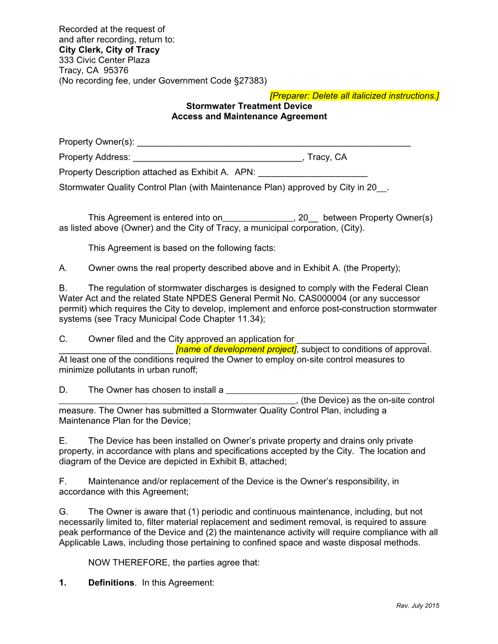 City of Tracy Stormwater Treatment Device Agreement