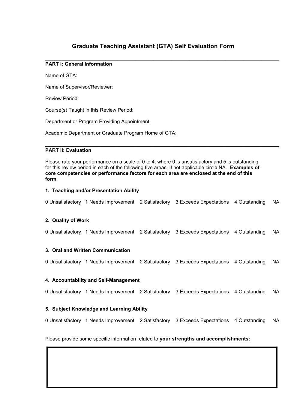 Graduate Teaching Assistant (GTA) Self Evaluation Form