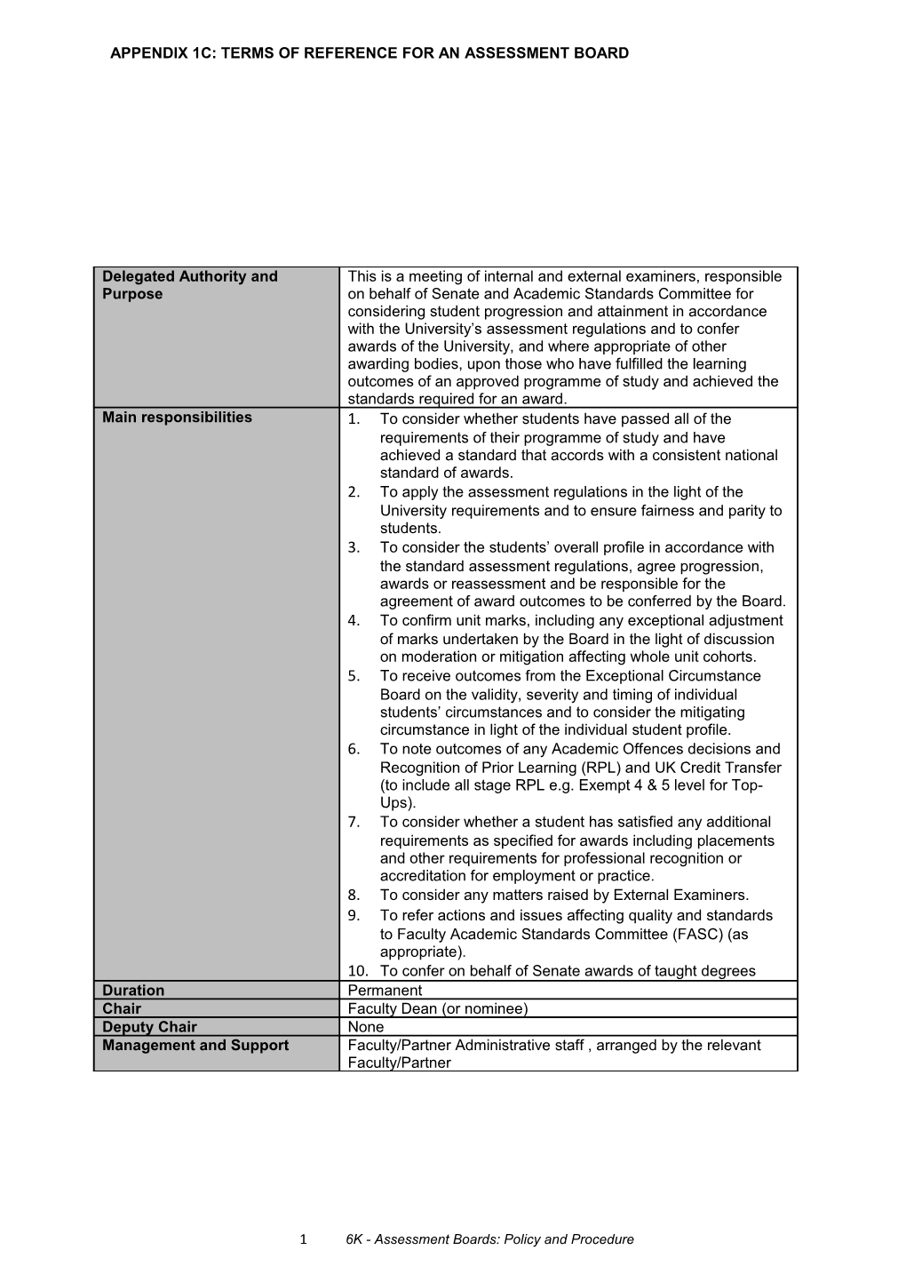 6K Appendix 1C Terms of Reference for an Assessment Board