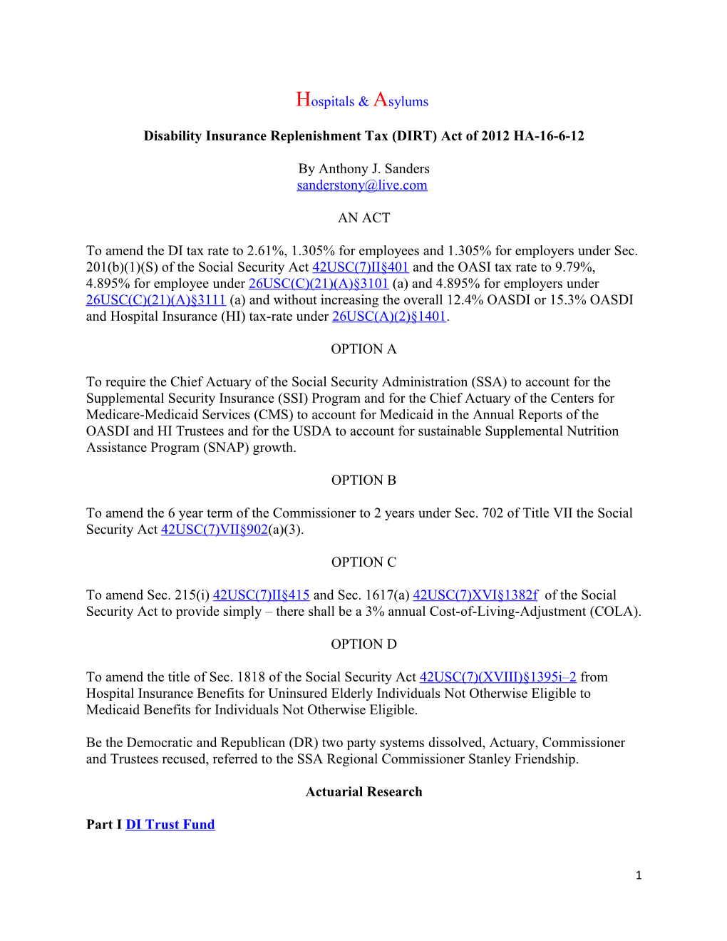 Disability Insurance Replenishment Tax (DIRT) Act of 2012 HA-16-6-12