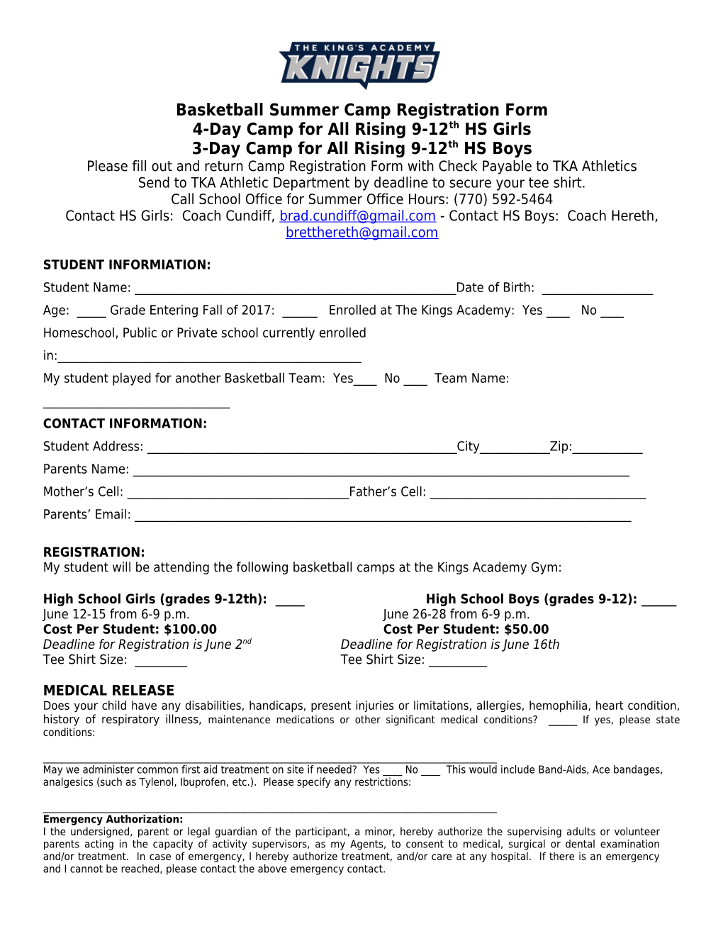 Basketball Summer Camp Registration Form