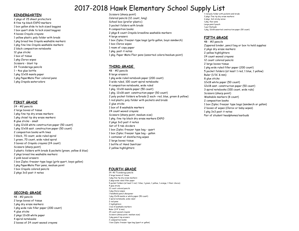 2017-2018 Hawk Elementary School Supply List