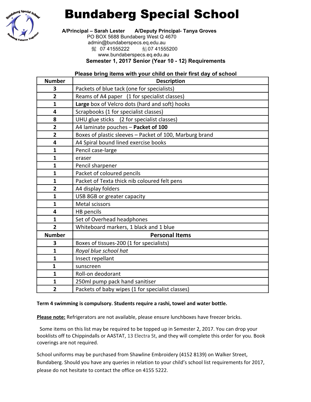 Semester 1, 2017 Senior (Year 10 - 12) Requirements