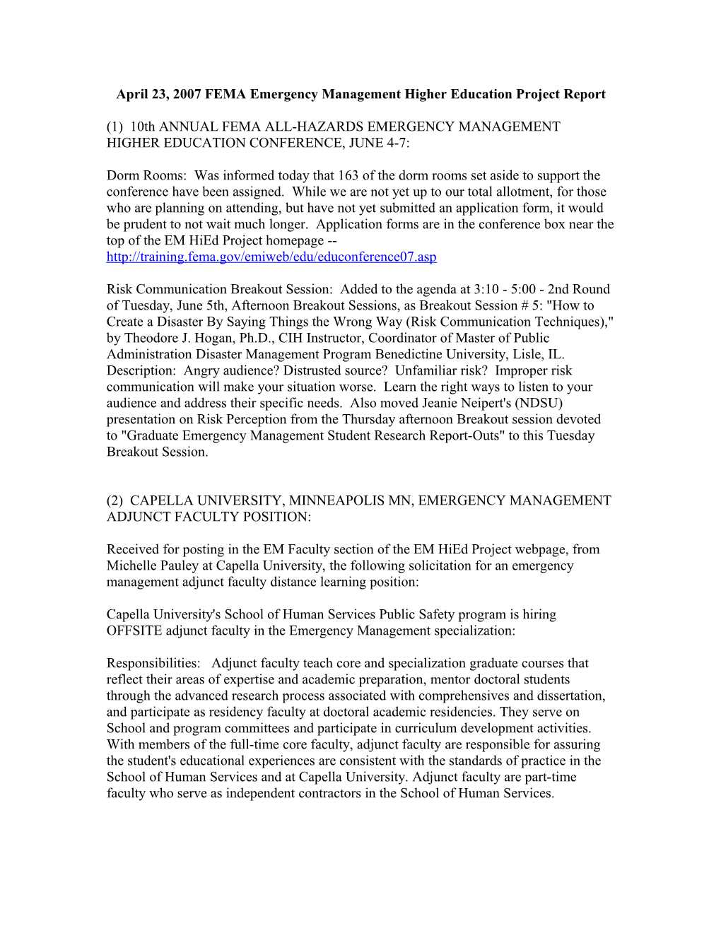 April 23, 2007 FEMA Emergency Management Higher Education Project Report