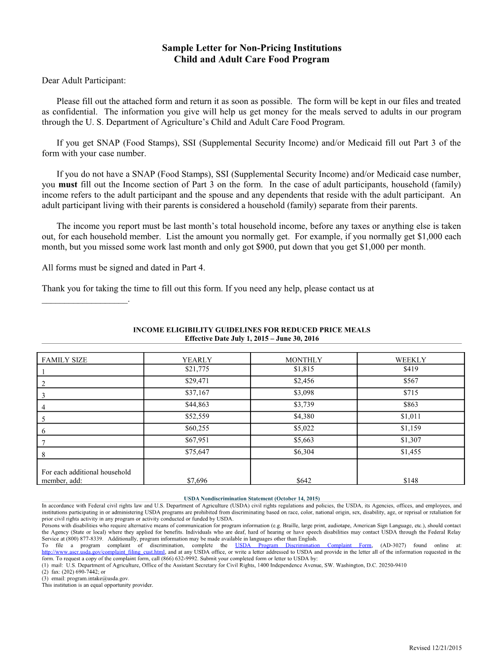 Sample Parents Letter for Non-Pricing Institutions