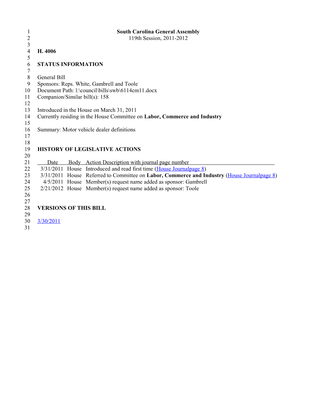2011-2012 Bill 4006: Motor Vehicle Dealer Definitions - South Carolina Legislature Online
