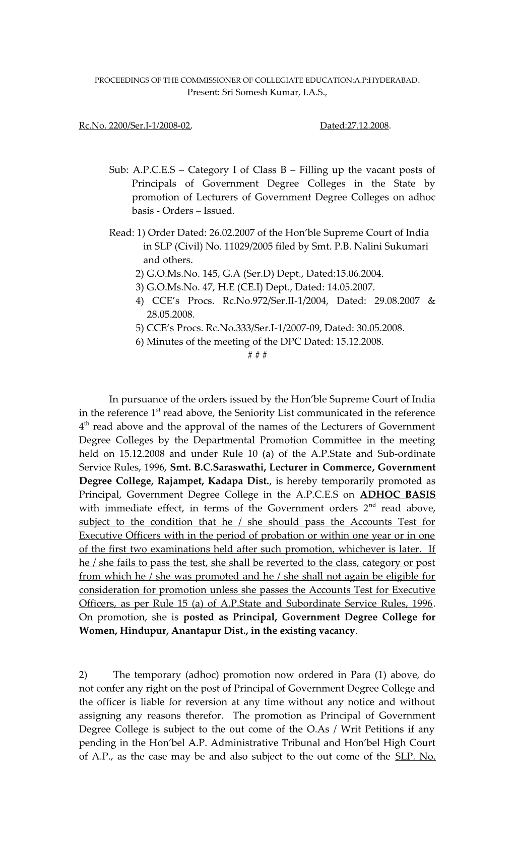 Proceedings of the Commissioner of Collegiate Education:A.P:Hyderabad