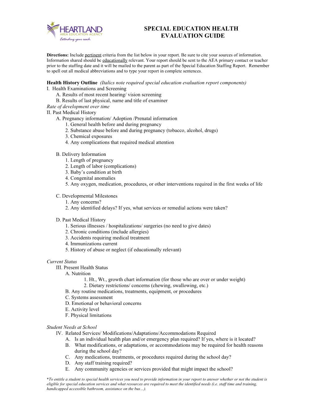 Health History Outline (Italics Note Required Special Education Evaluation Report Components)
