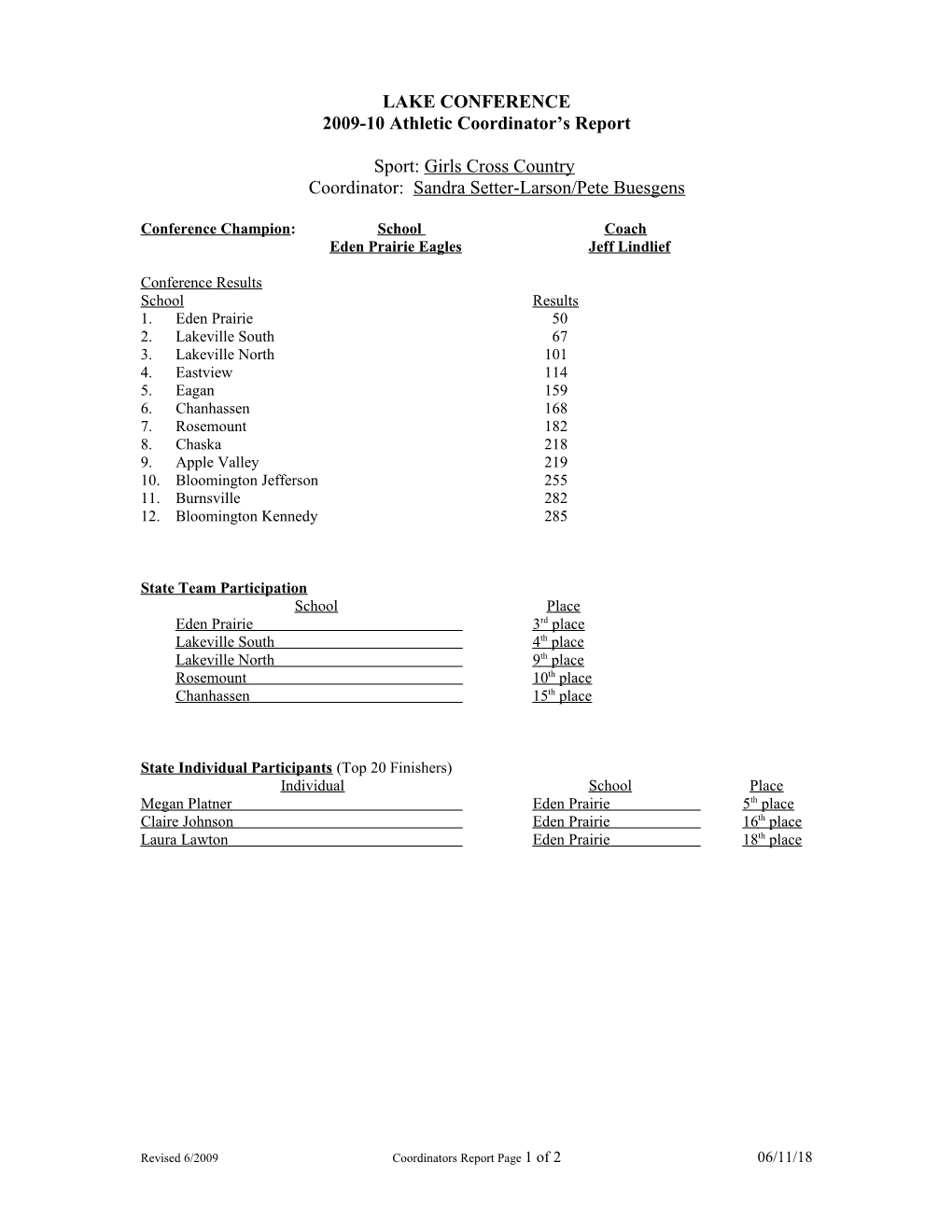 2009-10 Athletic Coordinator S Report