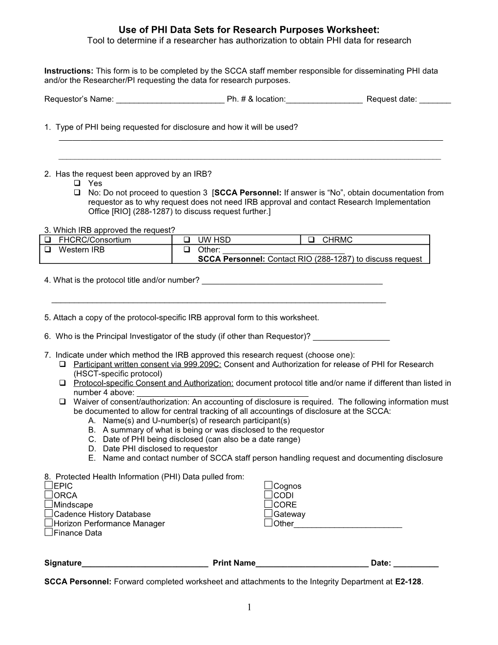 Use of PHI Data Sets for Research Purposes Worksheet