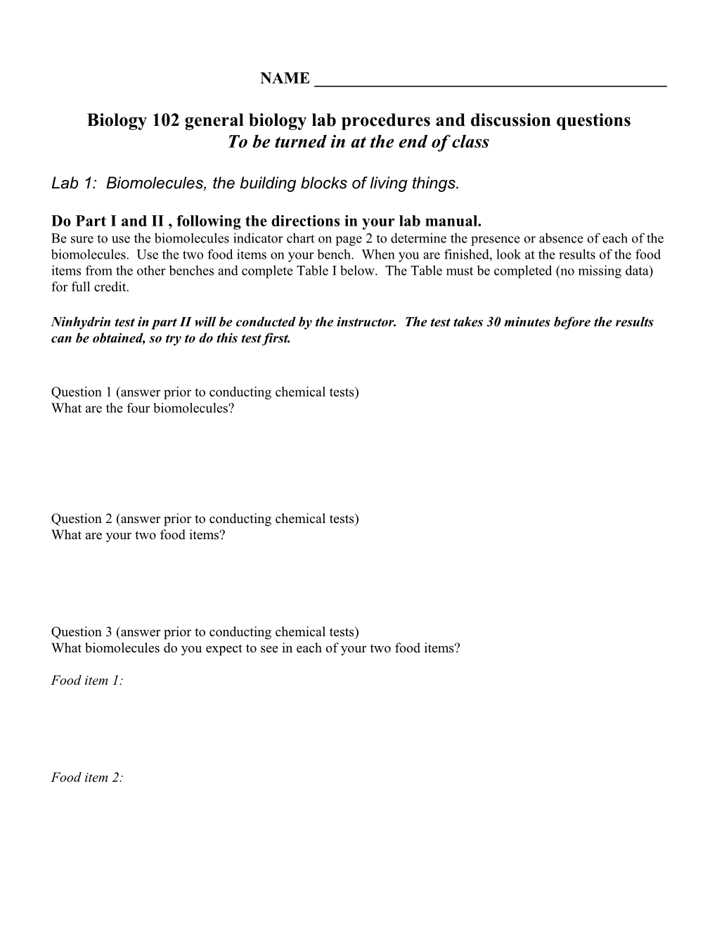 Biology 102 General Biology Lab Procedures and Discussion Questions