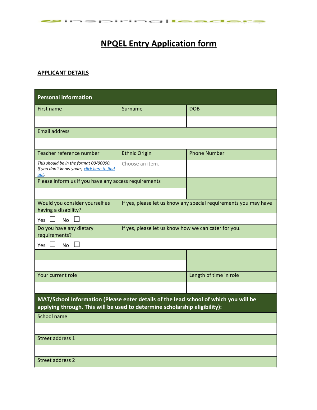 NPQEL Entry Application Form