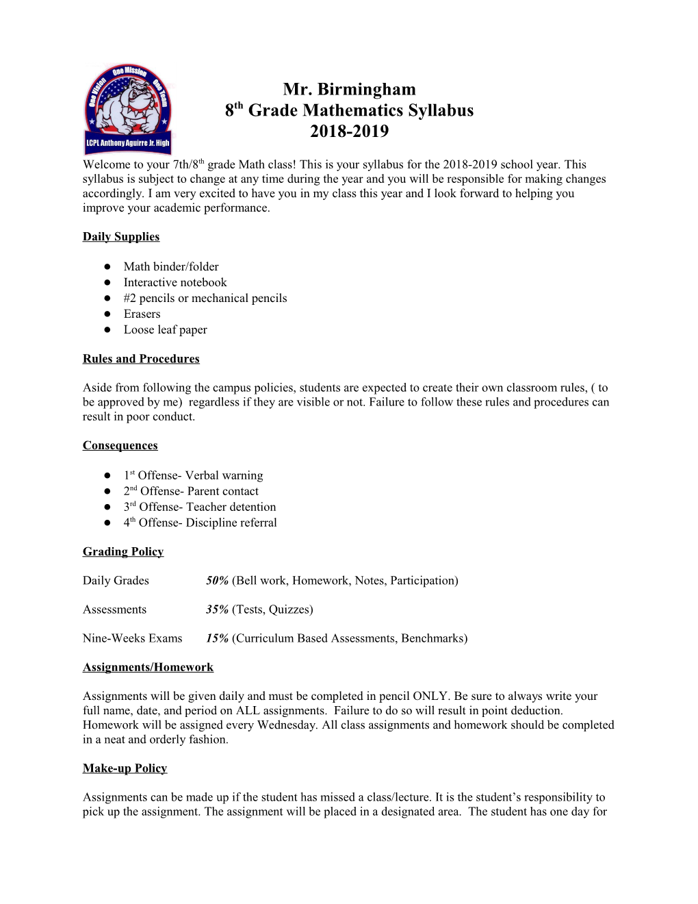 8Th Grade Mathematics Syllabus