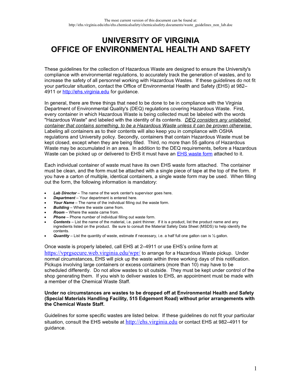 Guidelines for Hazardous Waste Collection for Facilities Management Personnel