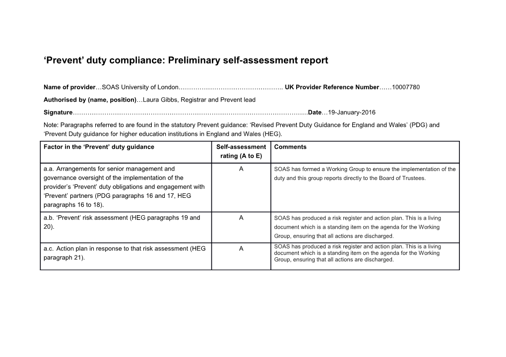 Prevent Duty Compliance: Preliminary Self-Assessment Report