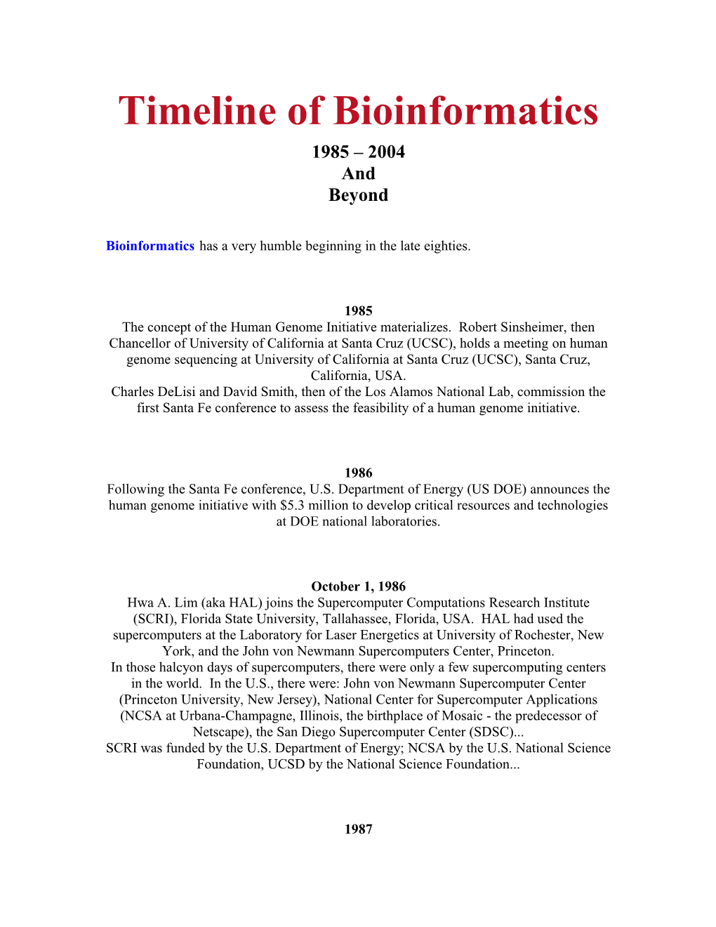 Timeline of Bioinformatics