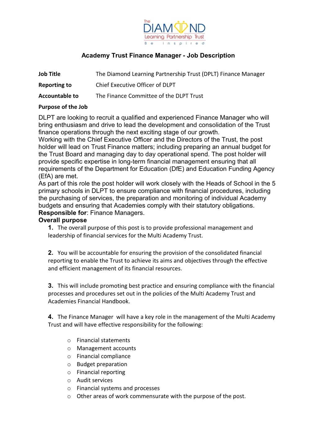 Academy Trust Finance Manager - Job Description