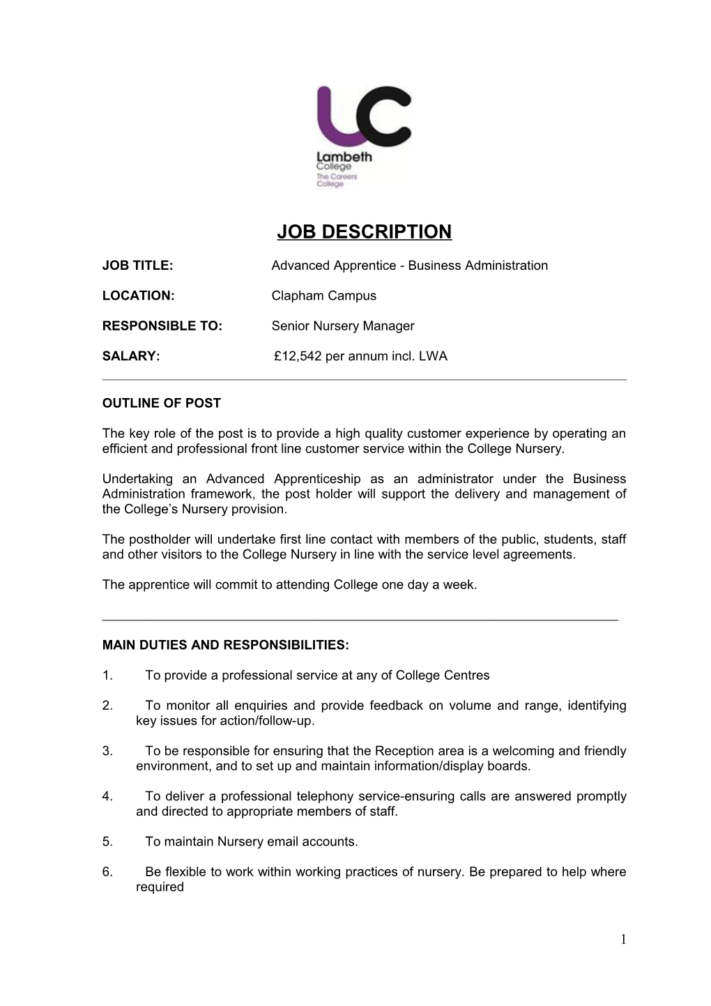 Centre Office Staff : Job Description and Person Specification s1