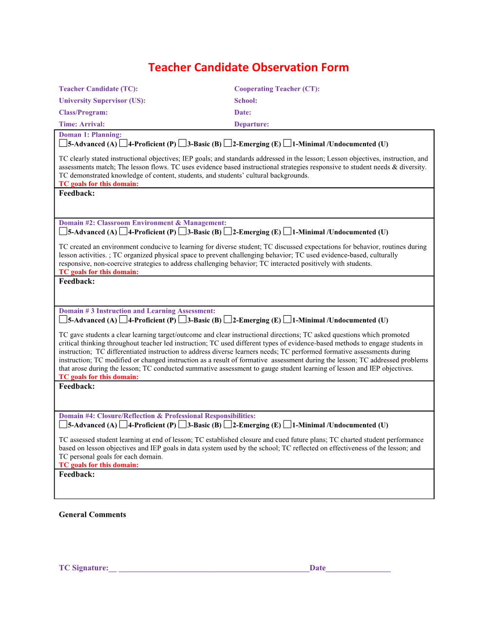 Teacher Candidate Observation Form